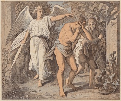 Aatami ja Eeva ajetaan ulos paratiisista, 1. Mooseksen kirja, III, 23, 24 (värillinen kaiverrus). tekijältä Julius (after) Schnorr von Carolsfeld