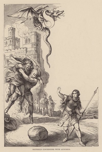 Brunhild kamppailee Guntherin kanssa (kaiverrus) tekijältä Julius (after) Schnorr von Carolsfeld