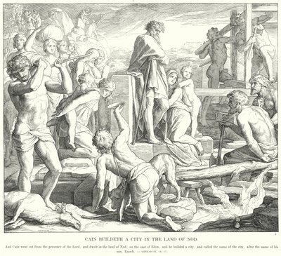 Kain rakentaa kaupungin Nodin maalle (kaiverrus) tekijältä Julius (after) Schnorr von Carolsfeld