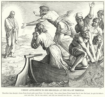 Kristus ilmestyy opetuslapsilleen Tiberiaanmerellä (kaiverrus) tekijältä Julius (after) Schnorr von Carolsfeld