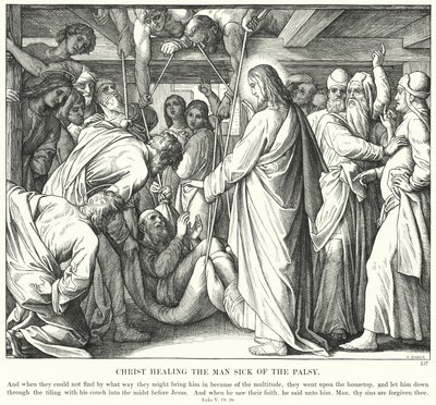Kristus parantaa halvaukseen sairaan miehen (kaiverrus) tekijältä Julius (after) Schnorr von Carolsfeld