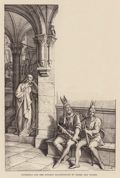 Criemhild ja hänen ritarinsa Hagenin ja Volkerin epämukavissa oloissa (kaiverrus) (kaiverrus) tekijältä Julius (after) Schnorr von Carolsfeld