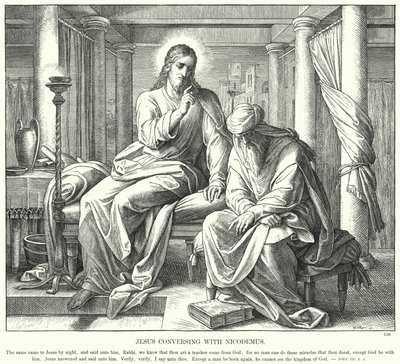 Jeesus keskustelee Nikodemuksen kanssa (kaiverrus) tekijältä Julius (after) Schnorr von Carolsfeld