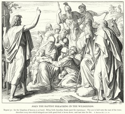 Johannes Kastaja saarnaa erämaassa (kaiverrus) tekijältä Julius (after) Schnorr von Carolsfeld