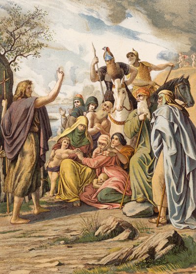 Johannes Kastaja saarnaa erämaassa (värilitografia). tekijältä Julius (after) Schnorr von Carolsfeld