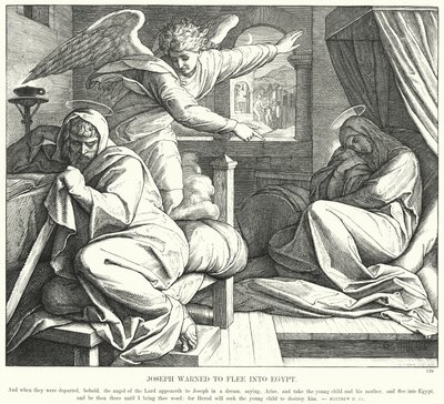 Joosef varoitti pakenemaan Egyptiin (kaiverrus) tekijältä Julius (after) Schnorr von Carolsfeld