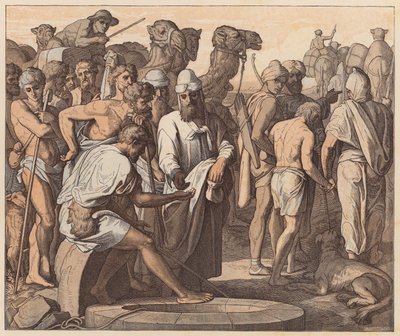 Joosef myytiin veljiensä toimesta, 1. Mooseksen kirja, XXXVII, 28 (värillinen kaiverrus). tekijältä Julius (after) Schnorr von Carolsfeld