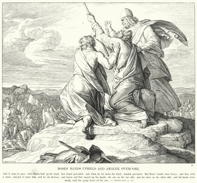Mooseksen kädet ylhäällä ja Amalek voittaa (kaiverrus) tekijältä Julius (after) Schnorr von Carolsfeld