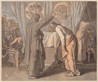 Naatan ja Daavid, 2. Samuelin kirja, XII, 7 (värillinen kaiverrus). tekijältä Julius (after) Schnorr von Carolsfeld