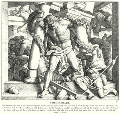 Simsonin kuolema (kaiverrus) tekijältä Julius (after) Schnorr von Carolsfeld