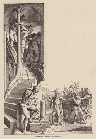 Siegfriedin paluu Wormsiin (kaiverrus) tekijältä Julius (after) Schnorr von Carolsfeld