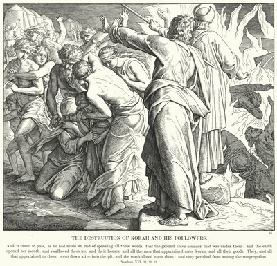 Korahin ja hänen seuraajiensa tuho (kaiverrus) tekijältä Julius (after) Schnorr von Carolsfeld