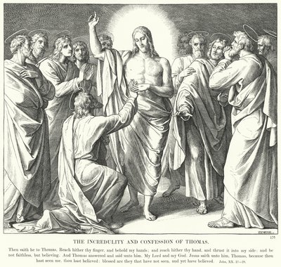 Thomasin uskomattomuus ja tunnustus (kaiverrus) tekijältä Julius (after) Schnorr von Carolsfeld
