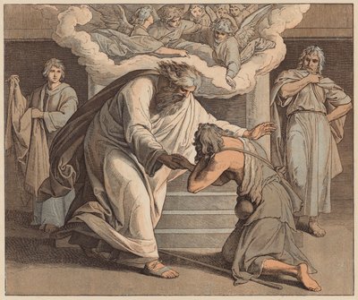 Tuhlaajapoika, Luukkaan evankeliumi, XV, 20 (värillinen kaiverrus). tekijältä Julius (after) Schnorr von Carolsfeld