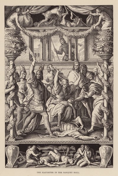 Teurastus juhlasalissa (kaiverrus) tekijältä Julius (after) Schnorr von Carolsfeld