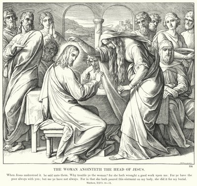 Nainen voitelee Jeesuksen Pään (kaiverrus) tekijältä Julius (after) Schnorr von Carolsfeld