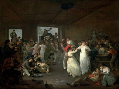 Merimiesten pommitus, kohtaus kapakassa Portsmouthissa (Englanti). Öljy puulle tekijältä Julius Caesar Ibbetson