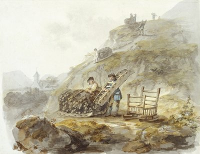 Menetelmä turpeen hankkimiseksi Mallwydin lähellä sijaitsevilta kukkuloilta, noin 1792 (vesiväri, muste ja lyijykynä paperille). tekijältä Julius Caesar Ibbetson