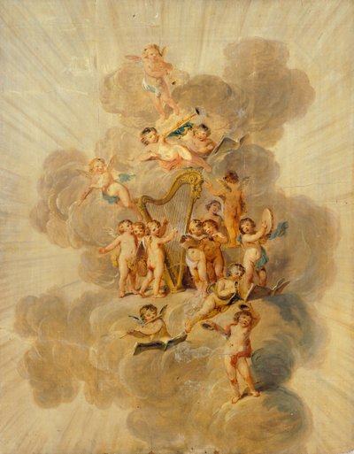 Querubins Alados com Instrumentos Musicais, seção da borda decorativa da Sala de Música, Kenwood House, Londres (papel de parede) finlandês tekijältä Julius Caesar Ibbetson