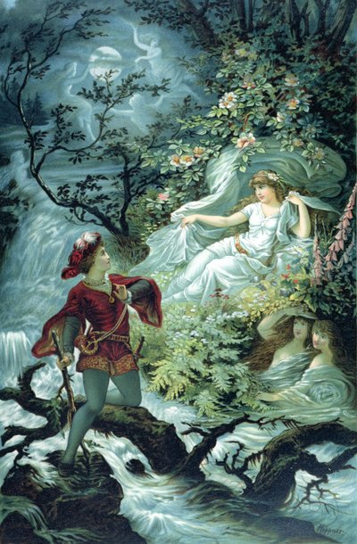 Ritari Hulbrand Undinen kanssa, kuvitus paroni de la Motte Fouquen tarinaan "Undine", 1909 tekijältä Julius Hoeppner