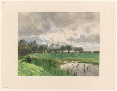 Lehmä laiduntaa niityllä tekijältä Julius Jacobus van de Sande Bakhuyzen