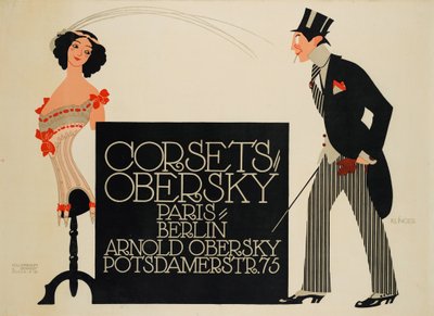 Obersky korsetit. Pariisi - Berliini. Arnold Obersky, Potsdamerstr. 75, 1912. tekijältä Julius Klinger