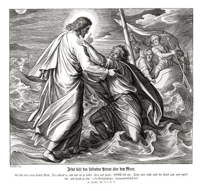 Jeesus ja Pietari kävelevät veden päällä, Matteuksen evankeliumi tekijältä Julius Schnorr von Carolsfeld