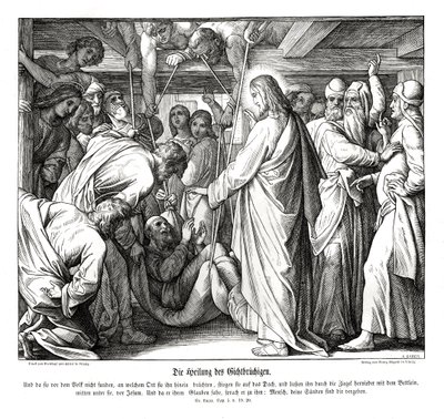 Jeesus parantaa halvaantuneen miehen, Luukkaan evankeliumi tekijältä Julius Schnorr von Carolsfeld