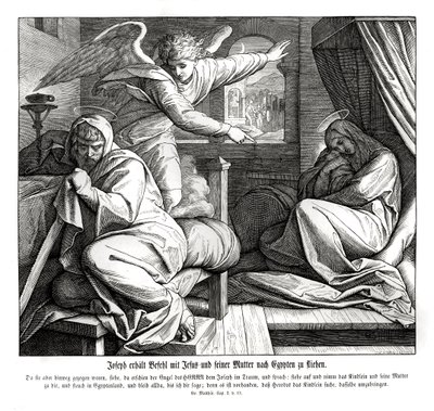 Joosefia varoitetaan pakenemaan Egyptiin, Matteuksen evankeliumi tekijältä Julius Schnorr von Carolsfeld
