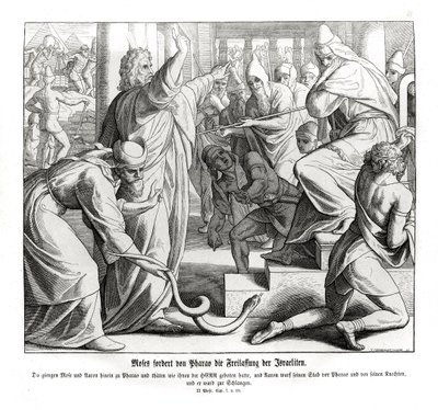 Mooses vaatii israelilaisten vapauttamista, Exodusta tekijältä Julius Schnorr von Carolsfeld