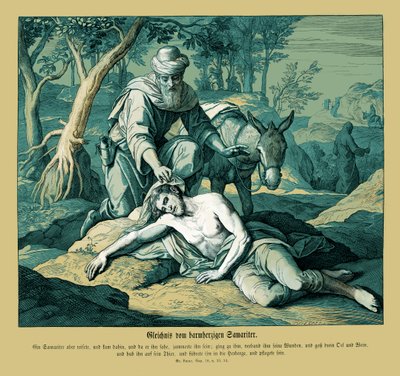 Vertaus laupiaasta samarialaisesta, Luukkaan evankeliumi tekijältä Julius Schnorr von Carolsfeld