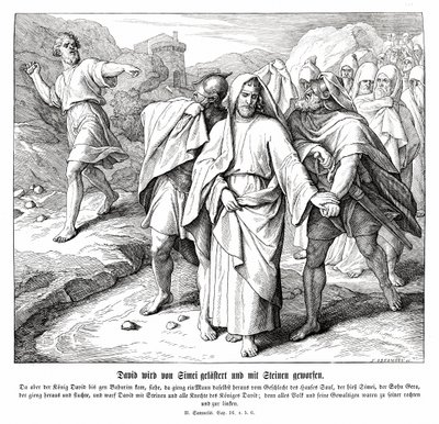 Simei kiroilee ja heittelee kivillä Daavidia, 2 Samuel tekijältä Julius Schnorr von Carolsfeld