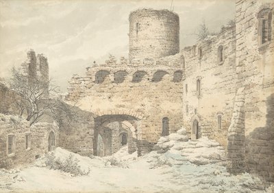 Talvinäkymä raunioituneen keskiaikaisen linnan pihalle, 1832. tekijältä Julius von Leypold