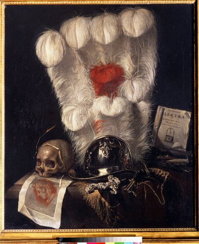 Vanity (Vanity), jossa kallo, jota ympäröi vehnän tähkä, kypärä, tikari (tai miekka), sarvi, höyhenet ja kopio Sophokleen "Electrasta". Jurlaen van Streeckin (1632-1687) maalaus. Öljy kankaalle, 98 x 84 cm tekijältä Jurian van Streeck or Streek