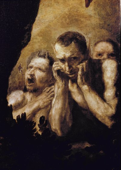 Apollo ja Marsyas Apollo voitettuaan haasteen Marsyasta vastaan, pyydä häntä kuorimaan ja heittämään sitten luolaan. (yksityiskohta). Jose de Ribera dit lo Spagnoletton maalaus (1591-1652) tekijältä Jusepe de Ribera