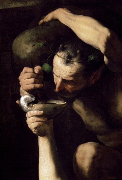 Drunk Silenus - The Drunk Silene (yksityiskohta). Riberan Jose (Joseph) maalaus, Spagnoletto (1591-1652) tekijältä Jusepe de Ribera