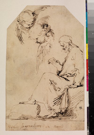 Tutkimusarkki, jossa istuva mies lukee ja kaksi kerubia, 1620-luku tekijältä Jusepe de Ribera