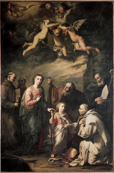 Pyhä perhe Kölnin Pyhän Brunon ja muiden pyhien kanssa - Pyhä perhe Kölnin Pyhän Brunon ja muiden pyhien kanssa. Jose (Jusepe) Ribera, dit lo Spagnoletto (1591-1652) maalaus tekijältä Jusepe de Ribera