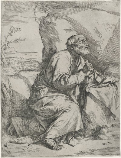 Katuva pyhä Pietari, n. 1621 (etsaus kaiverruksella päällystetylle paperille) tekijältä Jusepe de Ribera