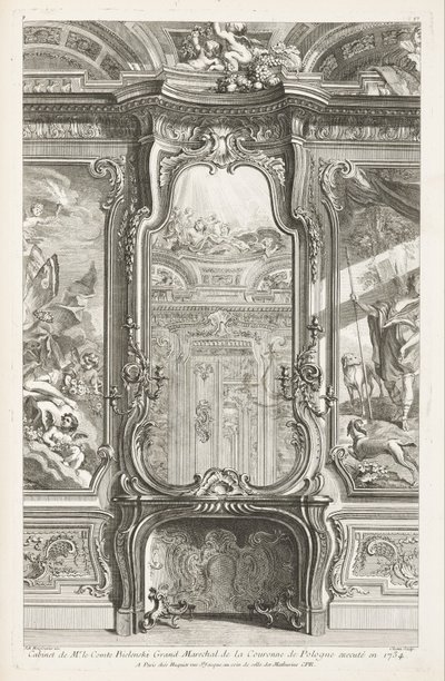 Kreivi Bielenskin kabinetti, Puolan kruunun suurmarsalkan kabinetti, toteutettu vuonna 1734; peilillä varustettu savupiippu, jossa on osa tukipanelointia ja maalauksia kummallakin puolella, 1. levy. tekijältä Juste Aurèle Meissonnier