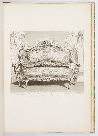 Sohva teloitettiin Puolan kruunun Bielinskin kreivi Grand Malille vuonna 1735.; Bielinskin kreiville vuonna 1735 teloitettu sohva, 4. lautanen tekijältä Juste Aurèle Meissonnier