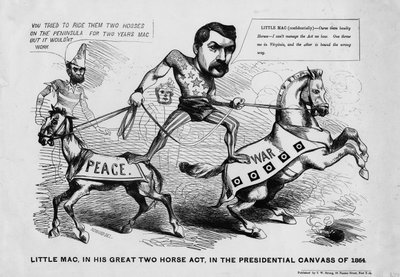 Pikku Mac suuressa kahden hevosen näytelmässään vuoden 1864 presidentinvaaleissa, julkaisija T.W Strong, New York, noin 1864 tekijältä Justin Howard