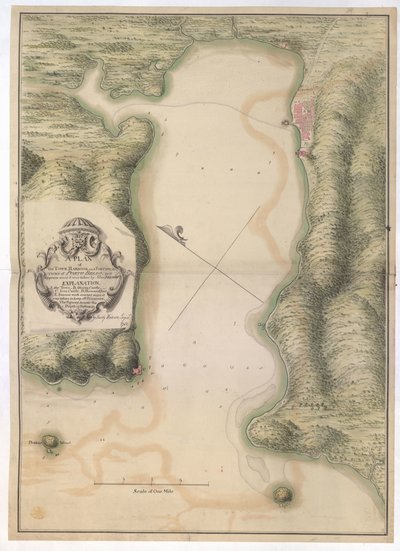 KAUPUNGIN SUUNNITELMA. PORTO BELLON SATAMA JA FORTIFIKAATIOT. sellaisena kuin se on sen jälkeen, kun admiraliteetti otti sen haltuunsa: VERNON / Justly Watson; Insinööri: 1742. tekijältä Justly Watson