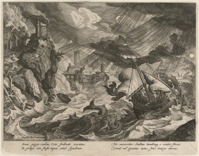 Jonah heitetty myrskyiseen mereen tekijältä Justus Sadeler after Paul Bril