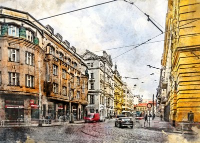 Vesivärimaalaus: Eurooppalainen raitiotiekatu tekijältä Justyna Jaszke