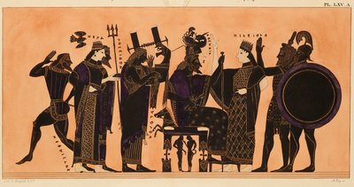 Koristeen vedos kreikkalaiselle amforalle, jossa näkyy Hephaestus, Hera, Poseidon, Apollo, Zeus, Athena, Eileithyia, Herakles ja Ares, n. 1844 (akvarelli ja vartaloväri liton päällä kudottupaperille) tekijältä Kaeppelin et Compagnie
