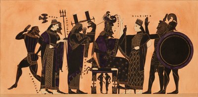 Koristeen vedos kreikkalaiselle amforalle, jossa näkyy Hephaestus, Hera, Poseidon..., v. 1844. tekijältä Kaeppelin et Compagnie
