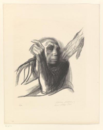 Käthe Kollwitz vanhana naisena käsi olalla Ruf des Todes (alkuperäinen nimi) Kuolema (sarjan nimi) Tod (alkuperäinen sarjan nimi) tekijältä Käthe Kollwitz (signed by artist)