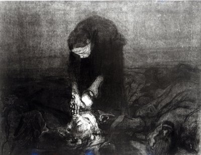 Taistelun jälkeen, sarjasta "Talonpoikien kapina", 1907 (etsaus, kaiverrus ja akvatinta) tekijältä Käthe Kollwitz