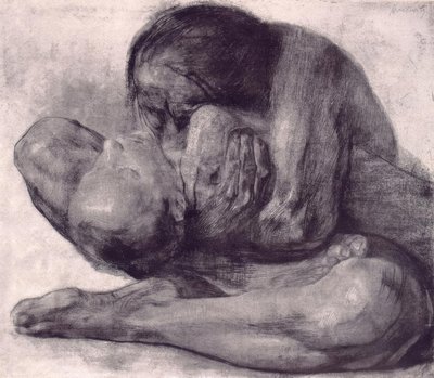 Nainen kuolleen lapsen kanssa tekijältä Käthe Kollwitz